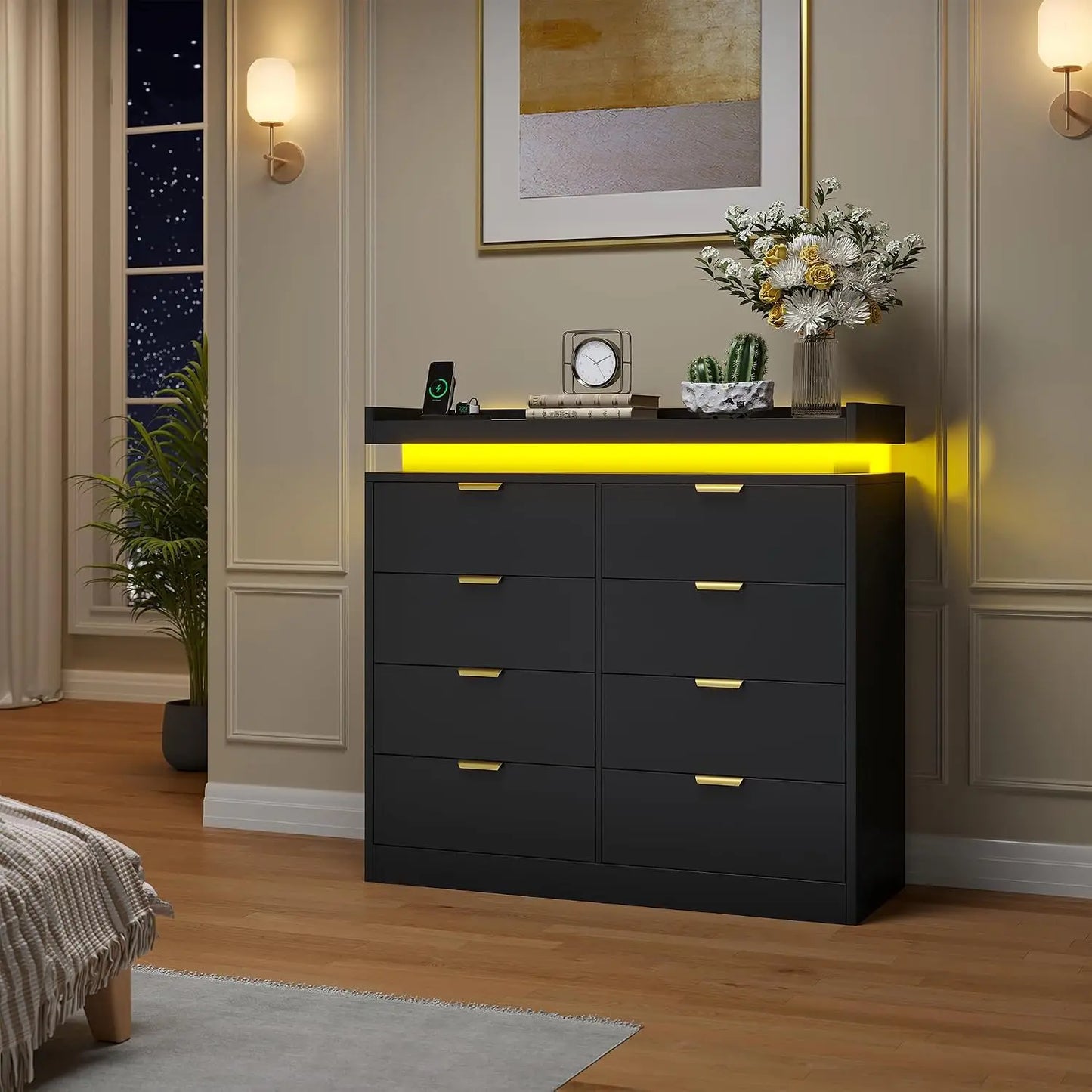Modern Large Wooden 8 Drawer Bedroom Dresser, Storage Chest Integrated with LED Lights and Convenient Power Outlet, Customized