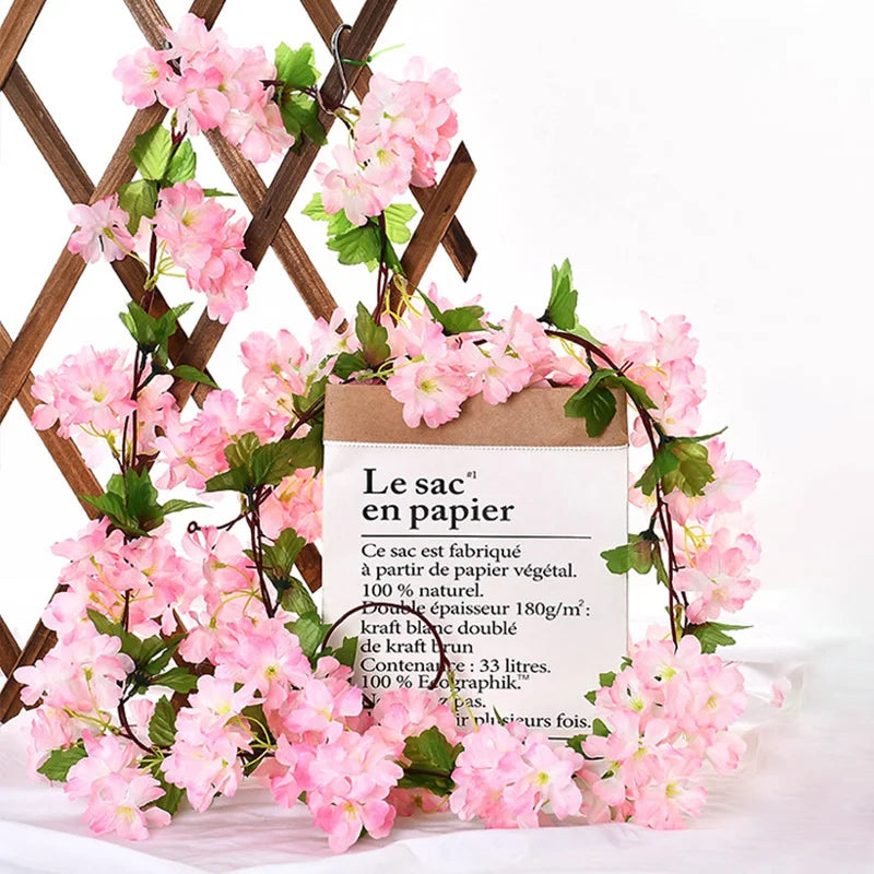 8pcs 1.8M Artificial Cherry Blossom Flower Vines Faux Flowers Outdoors Hanging Silk Flowers Garland for Wedding Party Home Decor