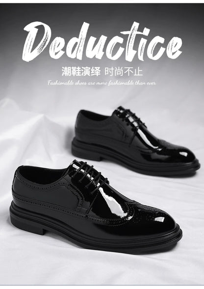 Glossy Patent Leather Brogue Perforated Carved Formal Dress Shoes Lace Up Fashion Young Men Groom Wedding Party Leather Shoes