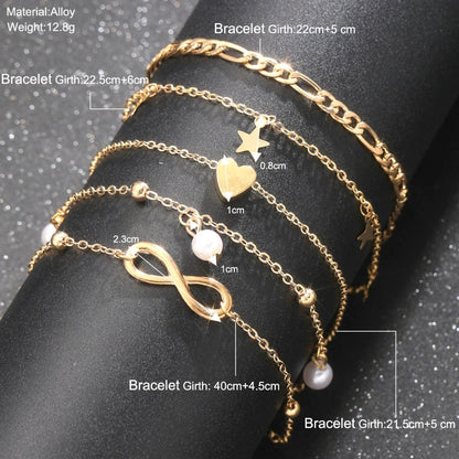 5pcs Boho Summer Beach 8 Infinite Charm Anklet Set Women Chain on Leg Pearl Butterfly Star Heart Pendant Anklet Vintage Jewelry
