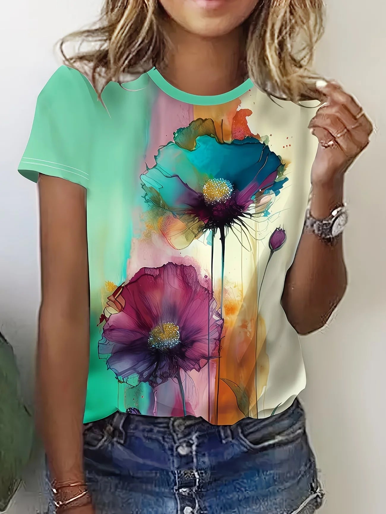 Lady T Shirts Crew Neck Short Sleeve Gradient Purple Flower Branch Print T Shirt Women's Outfits Casual Streetwear Cool Clothes