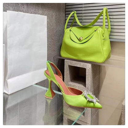 2025 European and American Women's New Silk Sunflower Crystal Diamond Buckle High Heels Horseshoe Heel Women's Sandals