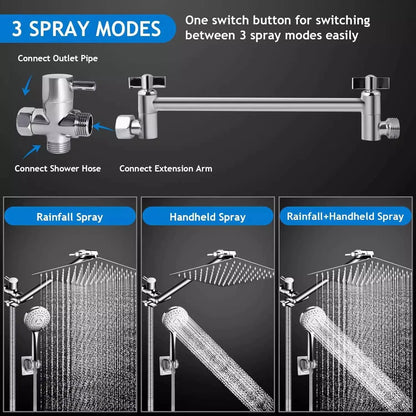 8/10 Inch Stainless Steel 5 Modes Overhead Shower With Extended Arm Multifunctional Handheld Shower Wall Mounted Shower Set