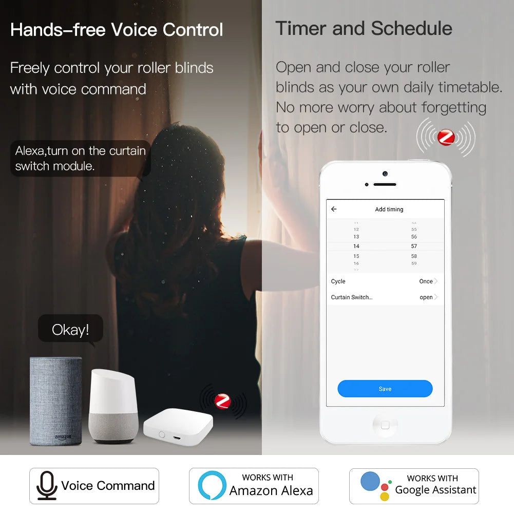 Moes Tuya ZigBee Smart RF433 Curtain Switch Module DIY for Motorized Roller Blinds Motor 2MQTT Smart Life APP Alexa Google Home