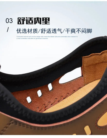 Men's Soft Leather 2024 Summer Men Leather Sandals Breathable Non-slip Cow Tendon Sole Casual Leather Shoes Outdoor Beach Shoes