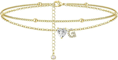Waterproof cz Ankle Bracelets for Women  14K Gold Plated CZ Initial Dainty Layered Heart Anklets Foot Chain Summer Beach Jewelry