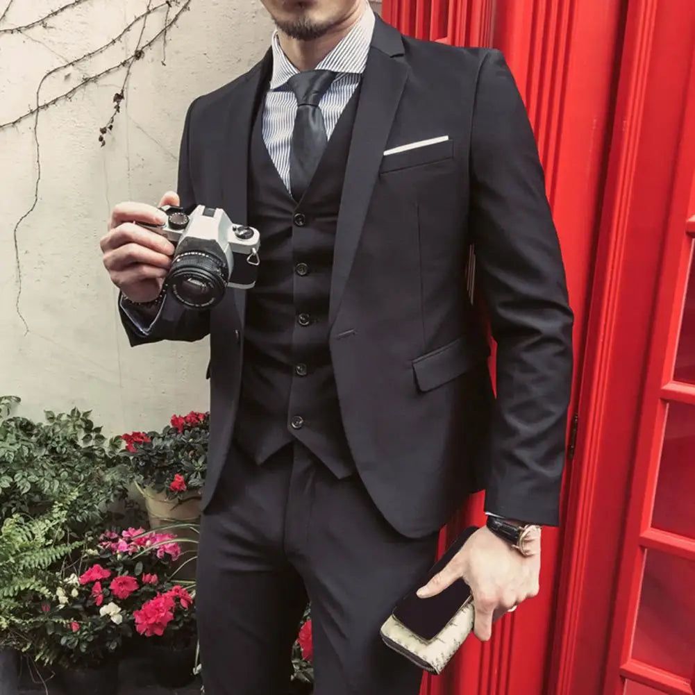 Men Three piece Suit Formal Business Suit Pants Set Solid Color Slim Fit Turn down Collar Anti wrinkle Groom Wedding Suit