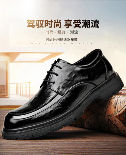 Mens Black Genuine Leather Wrinkled Lace Up Chunky Sole Formal Business Oxfords Casual Daily Wear Dress Shoes Stylish And Simple
