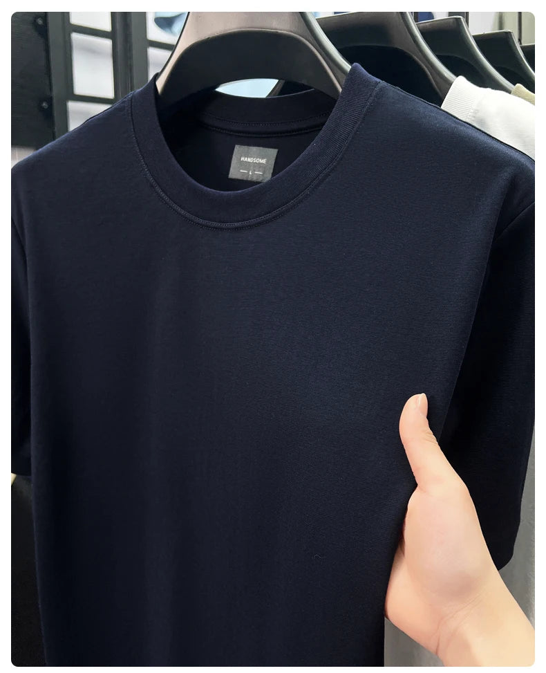 High quality luxury short sleeve T-shirt summer breathable cool silk cotton fashion solid color round neck top casual men's wear