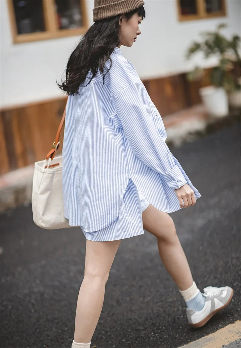 Maden Women's Blue White Striped Shirt and Shorts Sets Loose Casual French Classic Summer Suit Elegant Matching Two Piece Set
