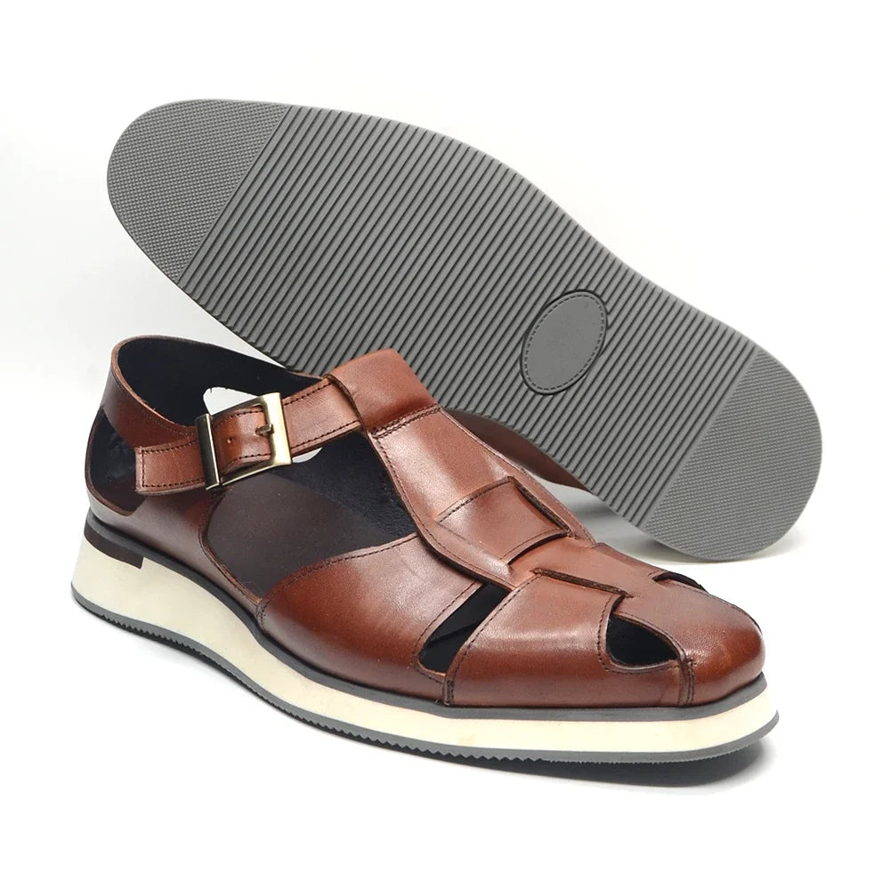 XEBOS Men's Sandals Genuine Leather Cowhide Summer Outdoor Flat Shoes Casual Sneakers Buckle Strap Black Brown Male Footwear