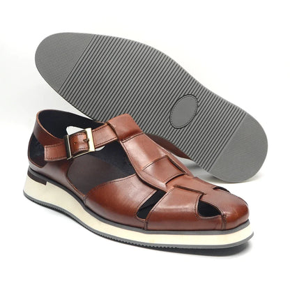 XEBOS Men's Sandals Genuine Leather Cowhide Summer Outdoor Flat Shoes Casual Sneakers Buckle Strap Black Brown Male Footwear