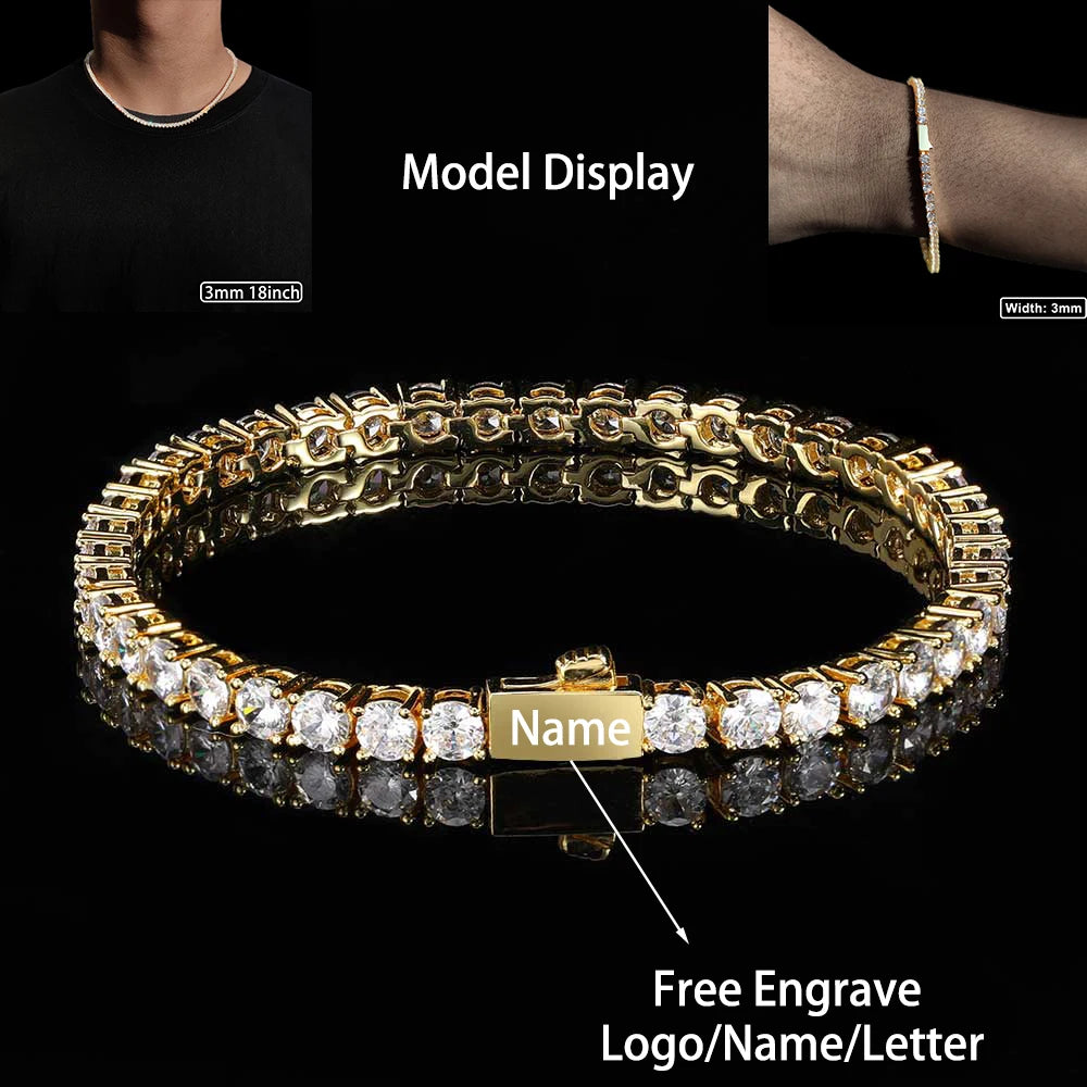 3mm 4mm 5mm 1 Row Tennis Chain Bling Zircon Copper Material Necklace Hip Hop Man and Women Iced Out Jewelry Free Engrave Name