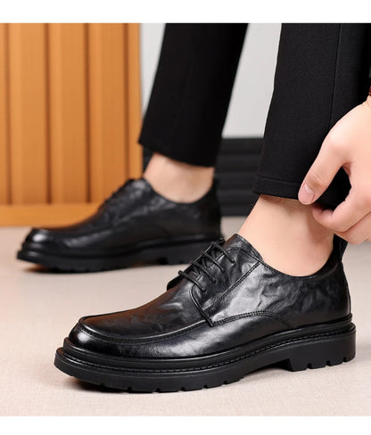 Mens Black Wrinkled Leather Apron Toe Lace Up Dress Shoes Thick Lug Sole Chunky Formal Business Office Work Daily Wear Shoes