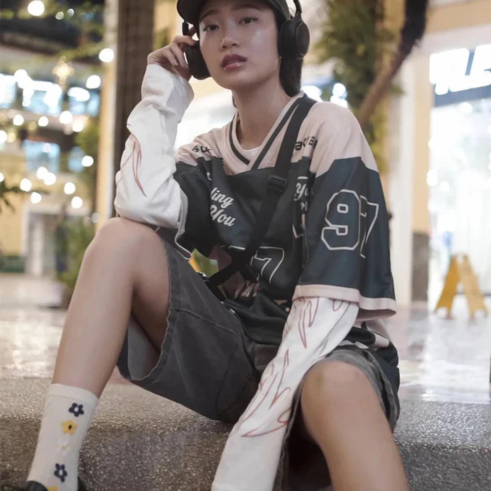 2026 New Women's Spring/Summer Y2K Fashion Casual Golden 97 Mesh Jersey Oversized Breathable Speed Drying Sports T-shirt