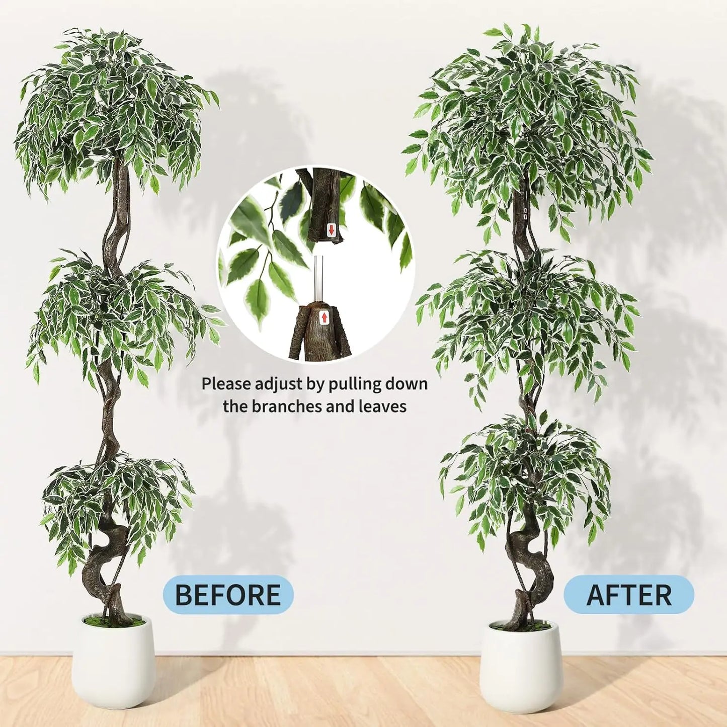 Artificial Ficus Tree Indoor Outdoor Fake Ficus Tree with Pebbles & Green Fake Moss, Pot Faux Tree for Office Home Decor