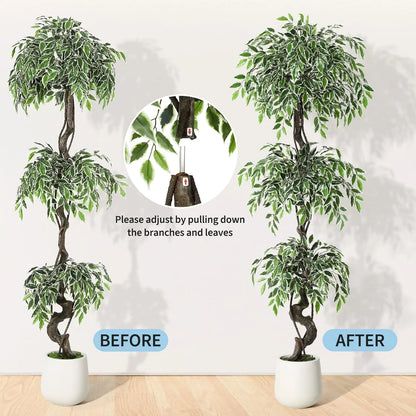 Artificial Ficus Tree Indoor Outdoor Fake Ficus Tree with Pebbles & Green Fake Moss, Pot Faux Tree for Office Home Decor