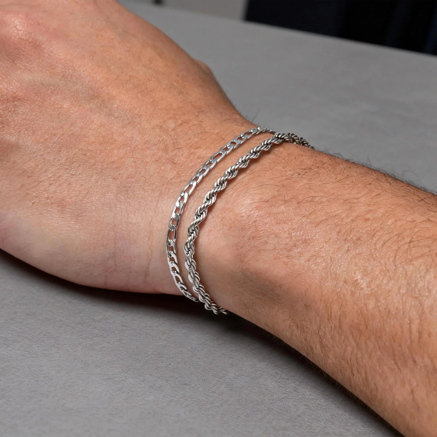 2pcs Men's Chain Bracelets,Silver Color Stainless Steel Rope Twisted Adjustable Chain Wristband,Simple Jewelry Gift for Dad Him