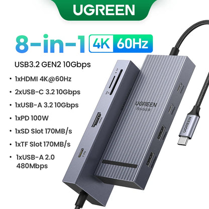 UGREEN 12-in-1 USB HUB Type-C to 2HDMI 4K120Hz DP USB3.2 10Gbps SD/TF RJ45 PD100W for MacBook Dell HP Laptop Accessories Docking