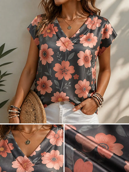 Women's Satin V-neck Tropical Floral Print Short-Sleeve Summer Shirt Casual Street Fashion T-Shirt New Beachwear