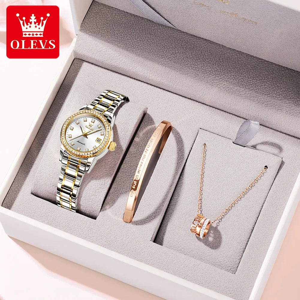OLEVS 7003 Women Automatic Watch Waterproof Luminous Calendar Mechanical Ladies Wristwatch Steel Strap Luxury Watch Women