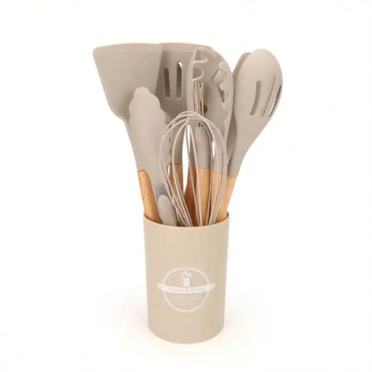 12 Piece Silicone Cooking Kitchen Utensils Set With Wooden Handle, Silicone Flip Flop Tongs Spatula Spoon Kitchen Utensils Set F