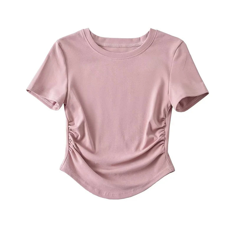 2024 Harajuku Women Crew Neck Short Sleeve Cotton Tee With Ruched Sides Detail T-shirts
