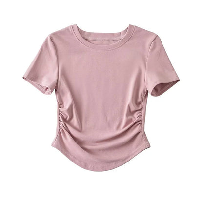 2024 Harajuku Women Crew Neck Short Sleeve Cotton Tee With Ruched Sides Detail T-shirts