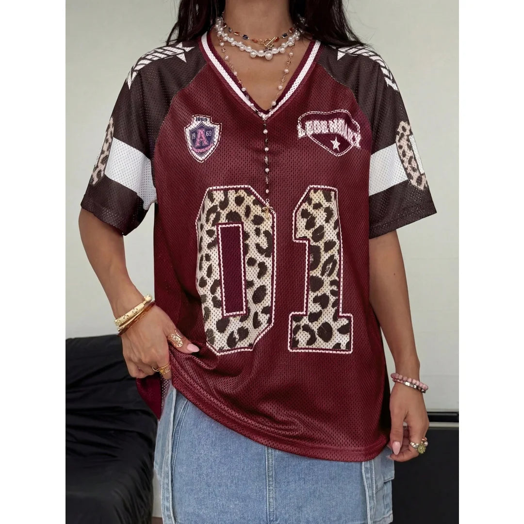 Women's Summer Going Out Streetwear Y2K Leopard Print Number Graphic Jersey Short Sleeve V Neck T Shirt Sporty Casual Tops