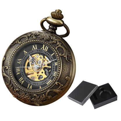 Vintage Skeleton Mechanical Pocket Watch Engraved Floral Design Hand Wind Fob Watch With Chain For Men Women Luxury Antique Gift