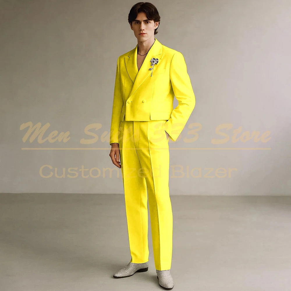Cropped Men's Suits Formal Wedding Groomsmen 2 Piece Jacket Pants Sets Fashion Male Clothing High Quality Male Clothing Costume