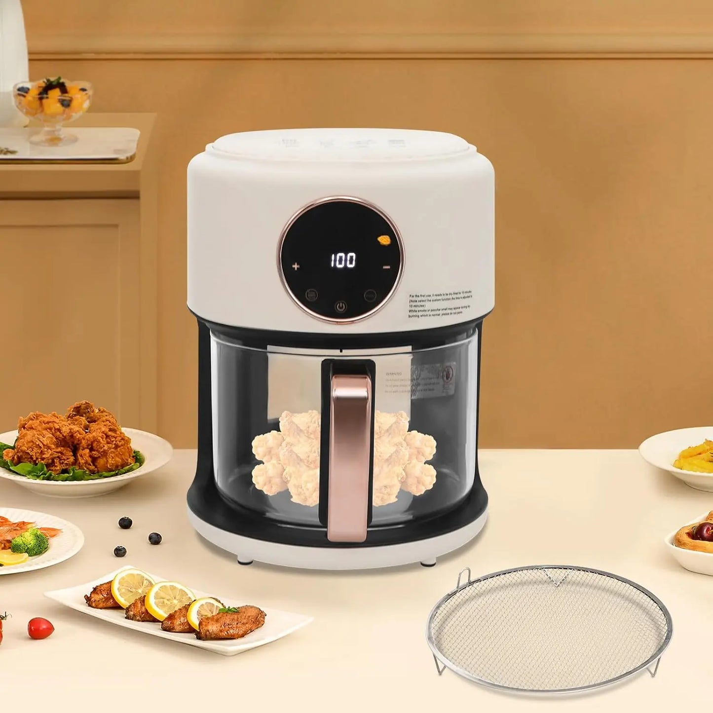 3.81Qt Air Fryer, Portable Glass Air Fryer Compact Smart Air Fryer Oven 8 Preset Modes with Digital Display Fast Preheat for Home Kitchens, Restaurants, Family Gatherings, Outdoor Picnics (White)