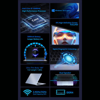 15.6 Inch Laptop Intel Core i9 10980HK Windows 11 Pro 32GB DDR4 M.2 2TB SSD Ultrabook Computer Fingerprint Unlock WIFI Fast