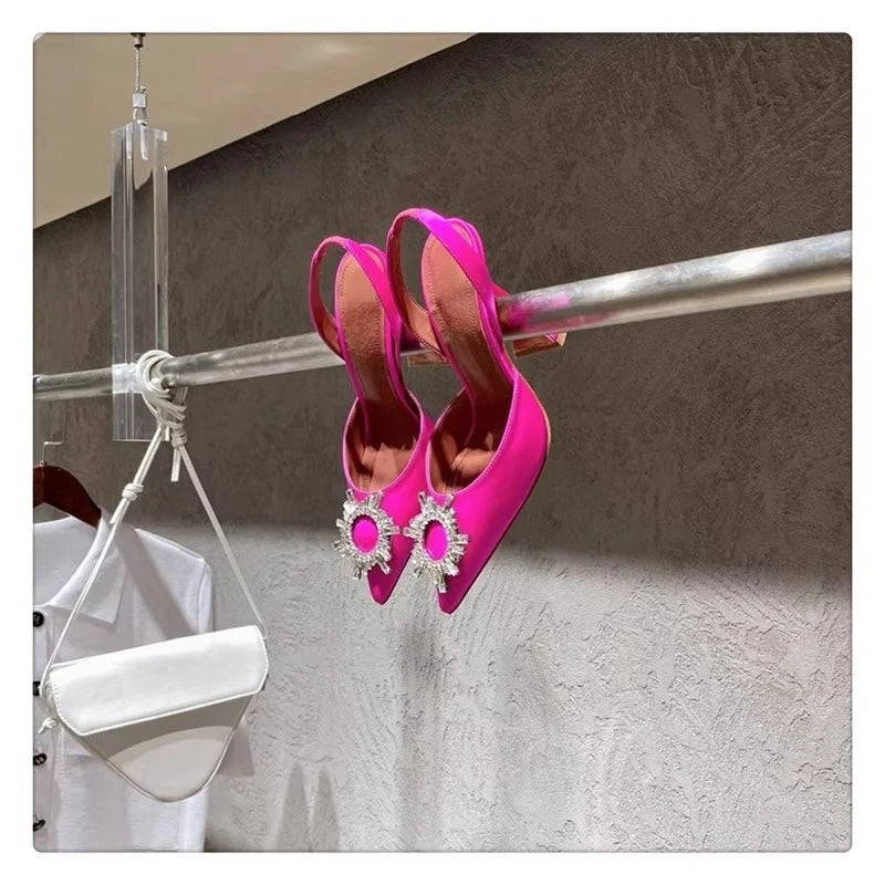 2025 European and American Women's New Silk Sunflower Crystal Diamond Buckle High Heels Horseshoe Heel Women's Sandals