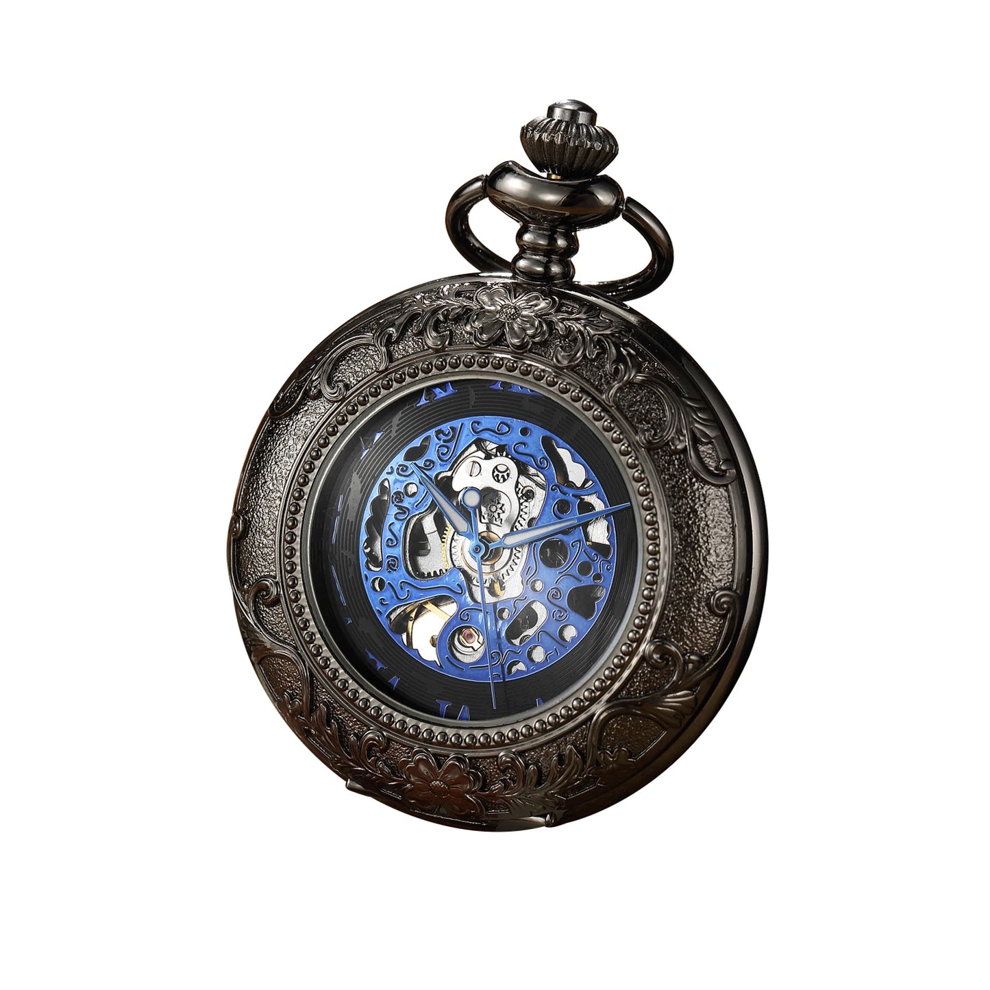 Vintage Skeleton Mechanical Pocket Watch Engraved Floral Design Hand Wind Fob Watch With Chain For Men Women Luxury Antique Gift