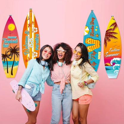 4Pcs Surfboard Party Banner Summer Wall Decor Surfboard Wall Hanging Banner Sign Beach Decoration Summer Theme Decor Hawaiian