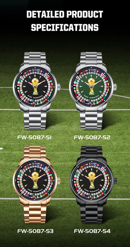 MARK FAIRWHALE 5087 Famous Football Sports Quartz Watch 360 ° Rotating Flag Dial Stainless Steel Strap Waterproof Watch for Man