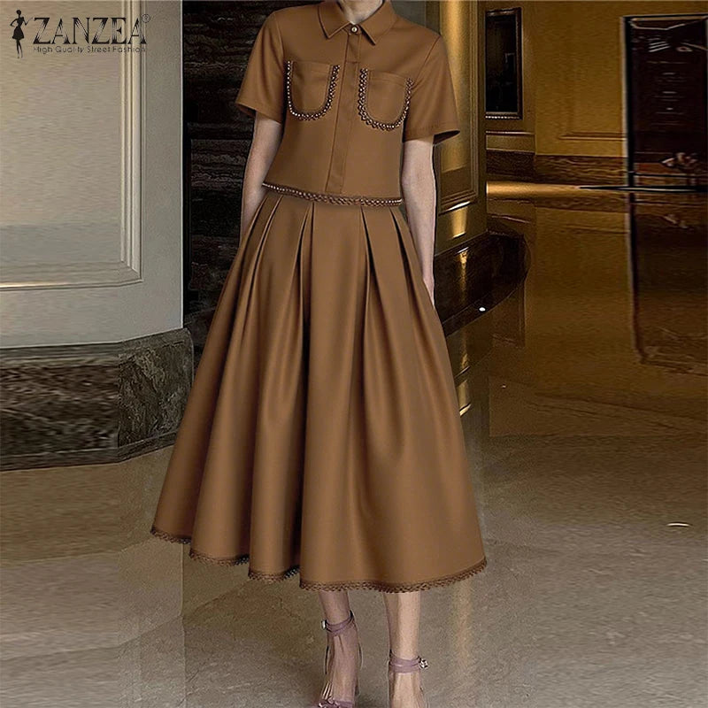 ZANZEA Womens Casual 2 Piece Sets Lace Trim Short Sleeve Crop Tops A-line Midi Skirts 2PCS Outfits Elegant Commute Skirt Sets