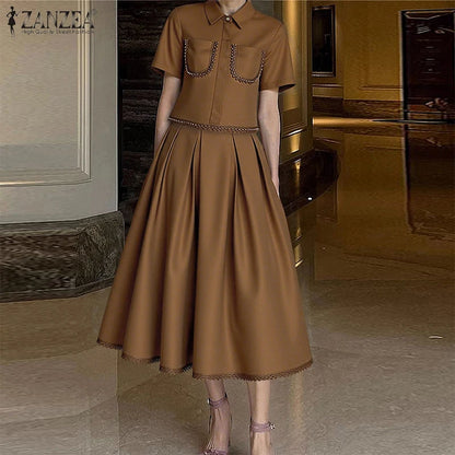 ZANZEA Womens Casual 2 Piece Sets Lace Trim Short Sleeve Crop Tops A-line Midi Skirts 2PCS Outfits Elegant Commute Skirt Sets