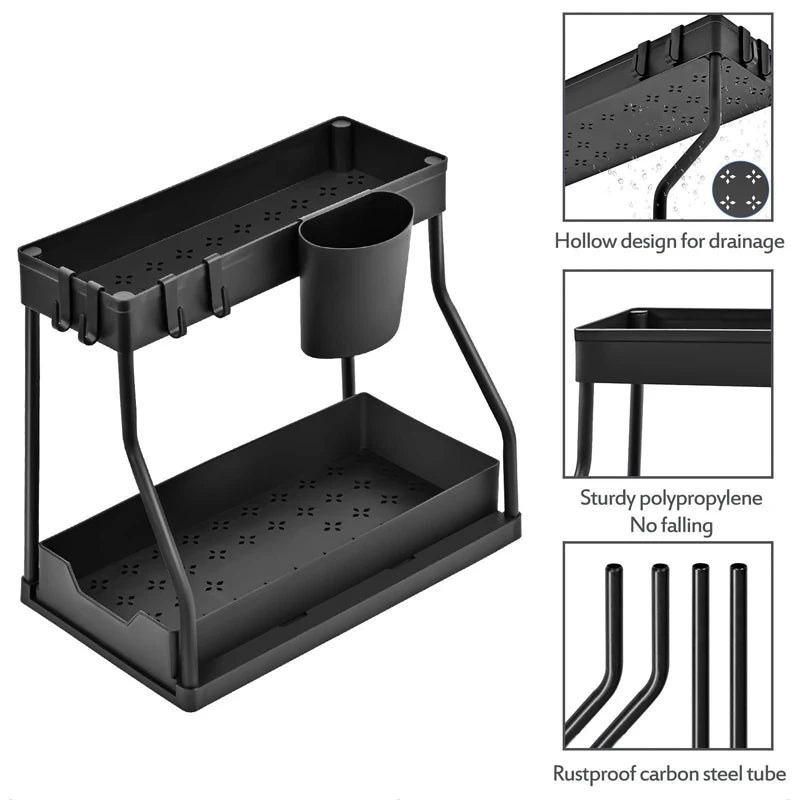 Double Layer Sliding Under Sink Storage Rack with Hanging Hooks Multifunctional Kitchen Bathroom Cabinet Organizer Rack
