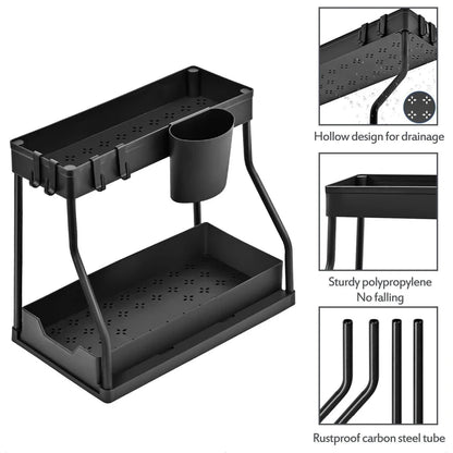 Double Layer Sliding Under Sink Storage Rack with Hanging Hooks Multifunctional Kitchen Bathroom Cabinet Organizer Rack