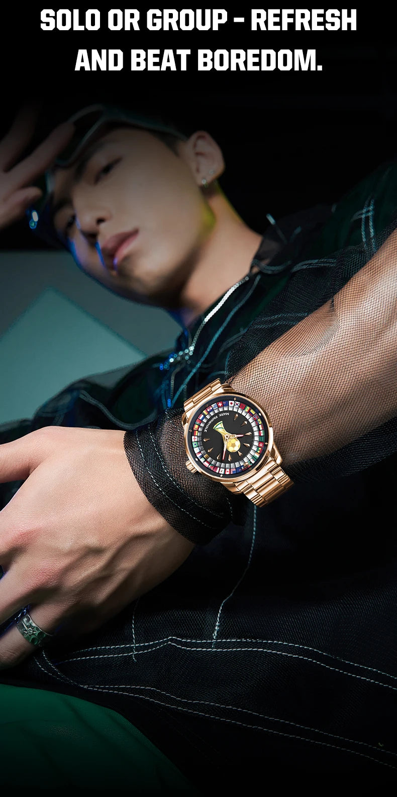MARK FAIRWHALE 5087 Famous Football Sports Quartz Watch 360 ° Rotating Flag Dial Stainless Steel Strap Waterproof Watch for Man