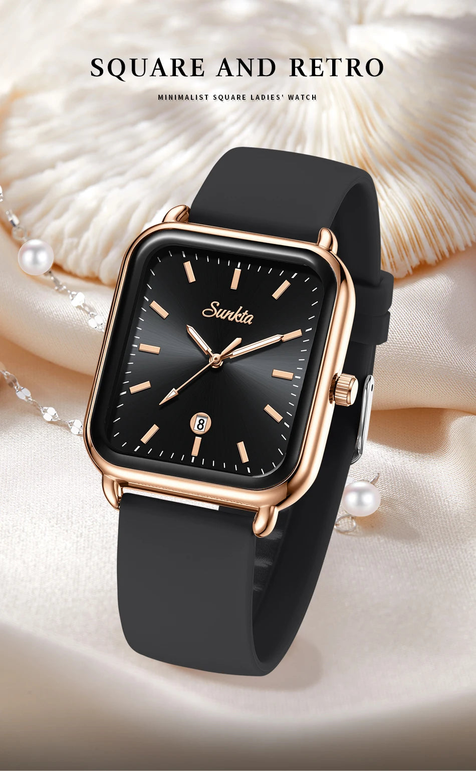 Sunkta Fashion Elegant Woman Watch Square Luxury Retro Silicone Belt Auto Date Casual Waterproof Luminous Quartz Watches for Men