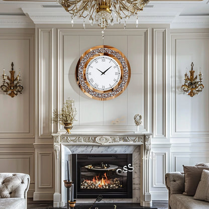 Silver,Tawny Tinted Round Mirror ,24inch Crystal Sparkle Twinkle Bling Crush Diamond Large Mirrored Wall Clock for Living Room