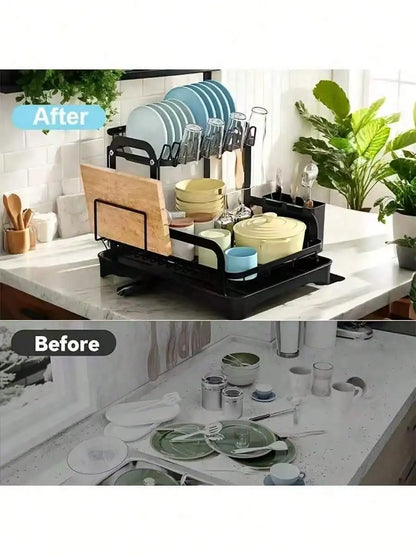 2 Tier Multifunctional Dish Drying Rack,Escurridor De Platos Para Fregadero,Stainless Steel Kitchen Dish Drainer With Drainboard