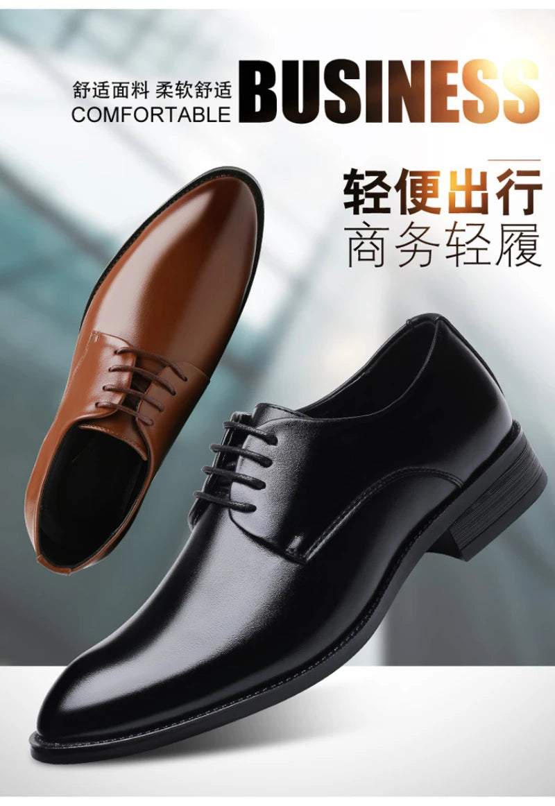 Mens Breathable Leather Dress Shoes Formal Business Footwear Pointed Toe Lace Up Flat Sole Groom Wedding Shoes Simple Leisure