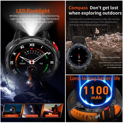 2026 T-Rex3 Ultra 1100mAh Battery 170+Sport Fitness LED Flashlight IP68 Waterproof Bluetooth call GPS track Smartwatch Compass