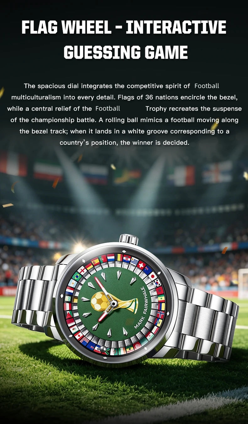 MARK FAIRWHALE 5087 Famous Football Sports Quartz Watch 360 ° Rotating Flag Dial Stainless Steel Strap Waterproof Watch for Man