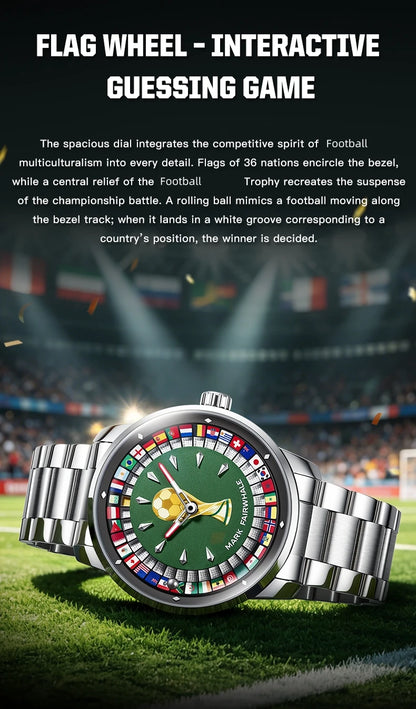 MARK FAIRWHALE 5087 Famous Football Sports Quartz Watch 360 ° Rotating Flag Dial Stainless Steel Strap Waterproof Watch for Man