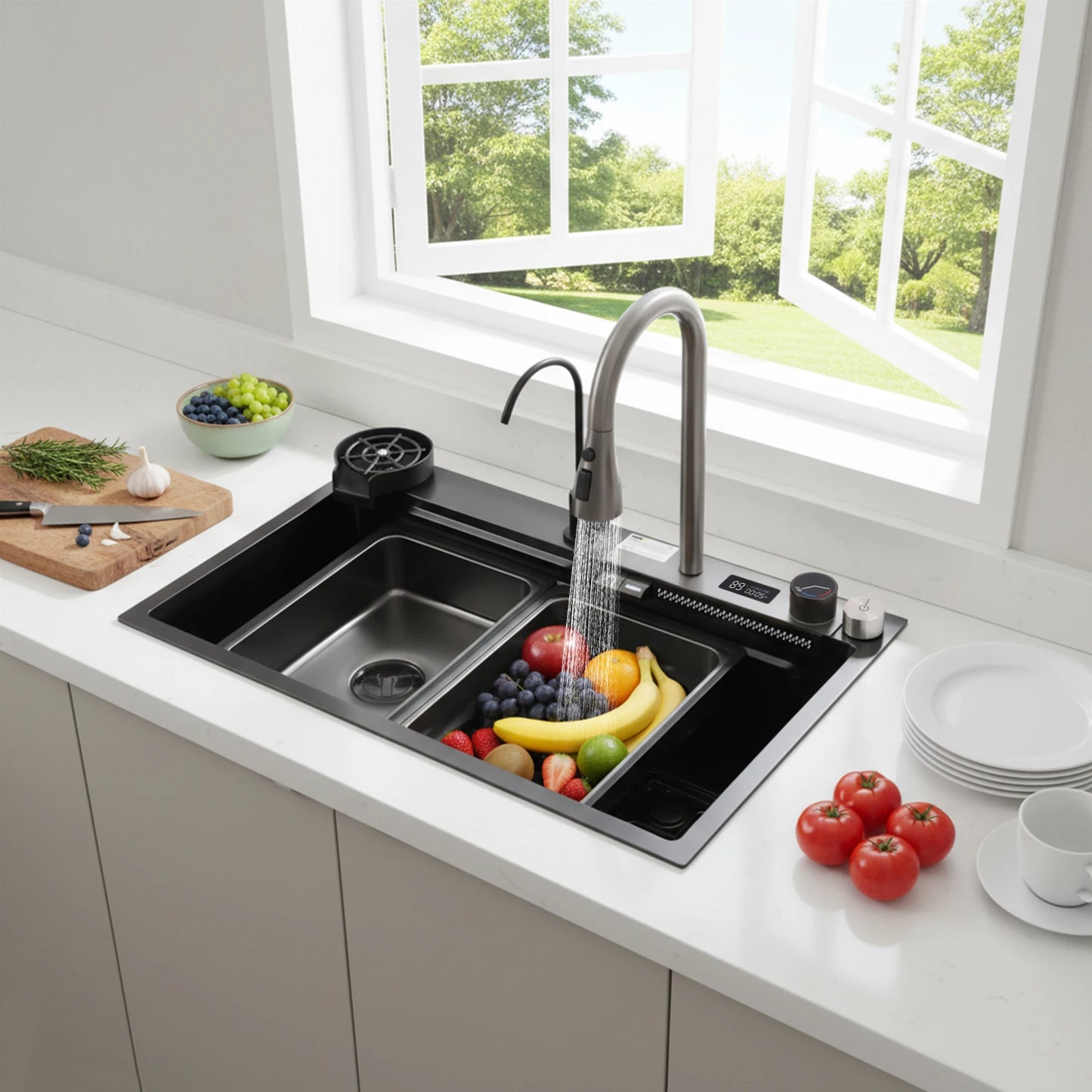 201 Stainless Steel Nano Black Sink with Digital Pull-out Faucet Anti-Splash Large Single Basin Noise Proof & Anti-Condensation